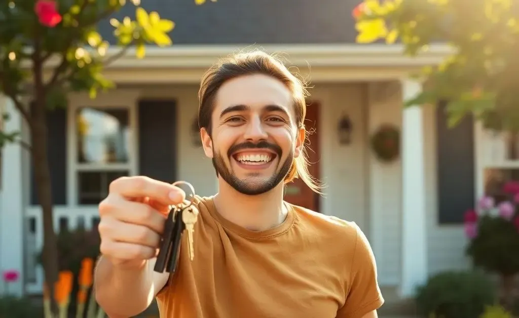 Joyful new homeowner holding keys and smiling in front of a house