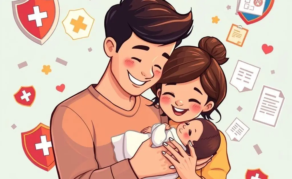 Parents holding a newborn surrounded by insurance icons