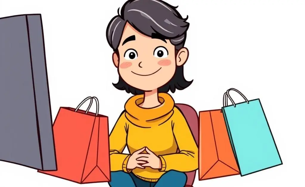 Cartoon of a satisfied person with shopping bags sitting at a computer.