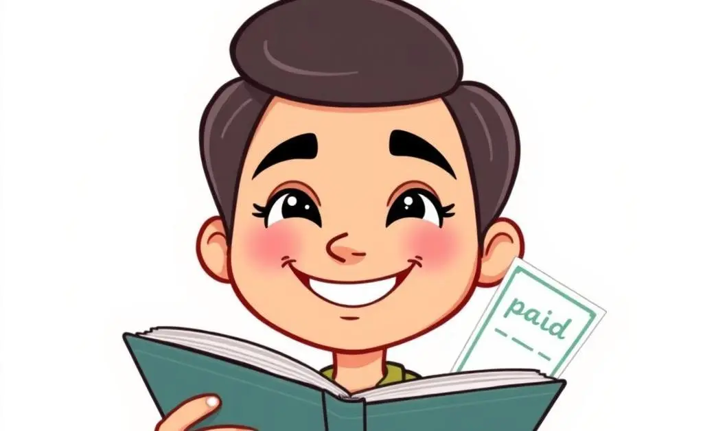A person smiling calmly with a checkbook in hand and bills marked 'paid'