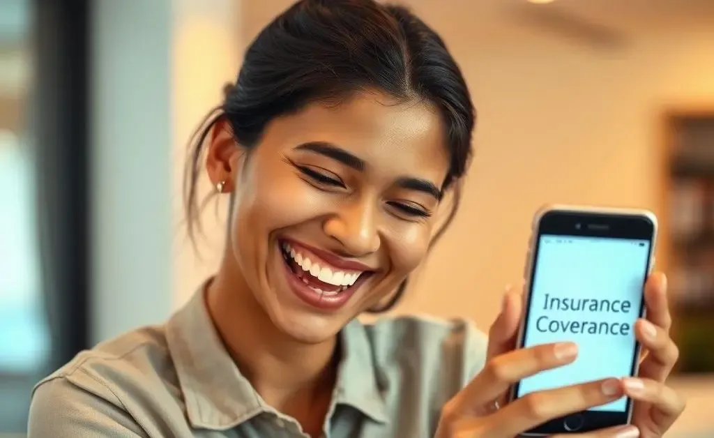 A relieved person smiling with a solution or answer on their phone regarding insurance.