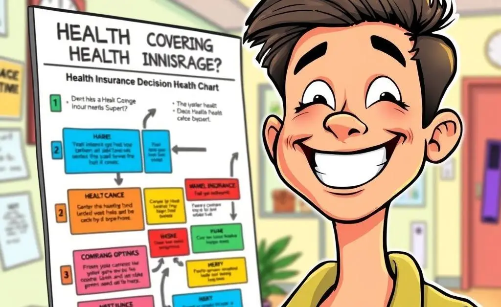 A cartoon-style image of a person smiling with a health insurance decision chart.