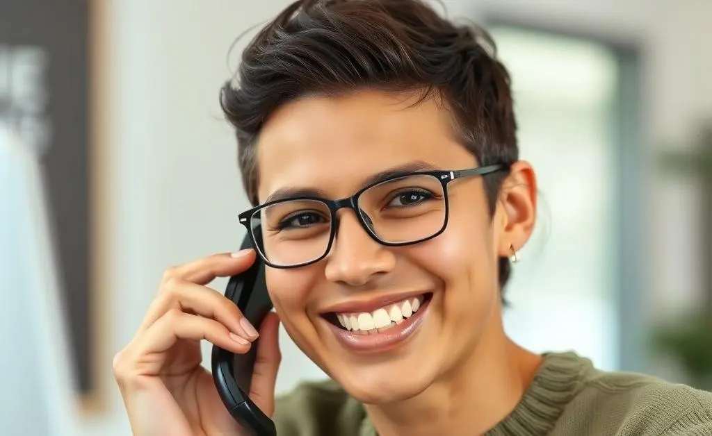 A person smiling while receiving guidance on the phone about insurance.