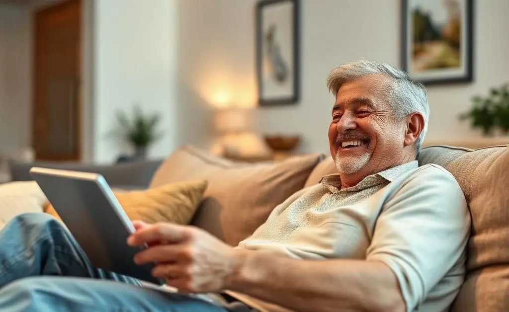 A relaxed person happily investing using a tablet