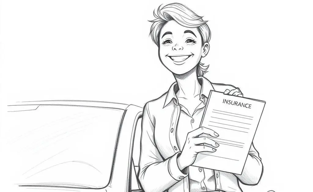 A hand-drawn style image of a satisfied person smiling next to their car, holding an insurance document.