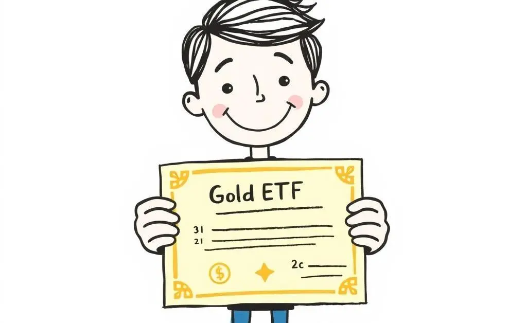 A hand-drawn illustration of a happy person holding a gold ETF certificate