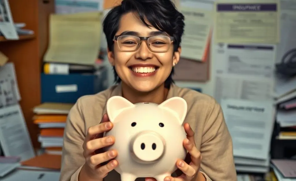 Happy person with a piggy bank