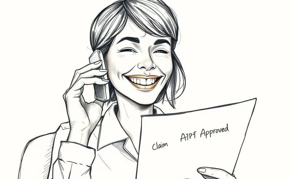 Person smiling during a phone call, holding a document labeled 'Claim Approved'