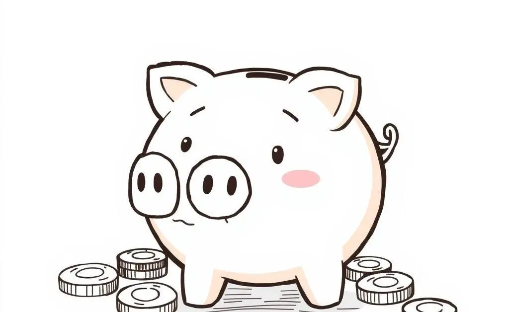 Happy piggy bank surrounded by coins