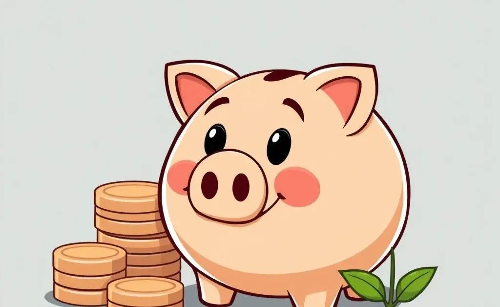 A smiling piggy bank beside coins and a plant