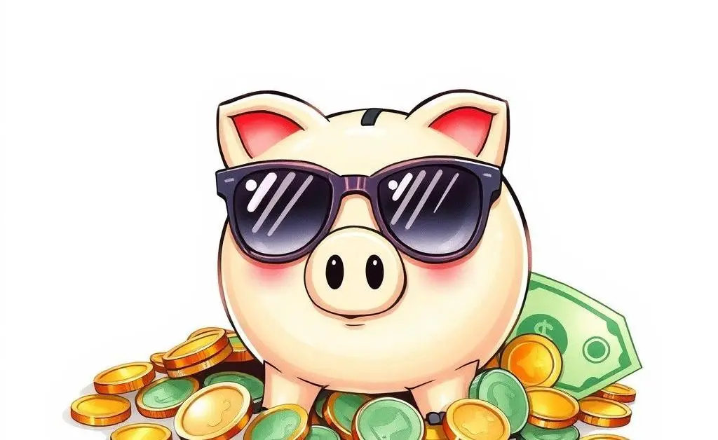 Piggy bank in sunglasses surrounded by coins and dollar bills