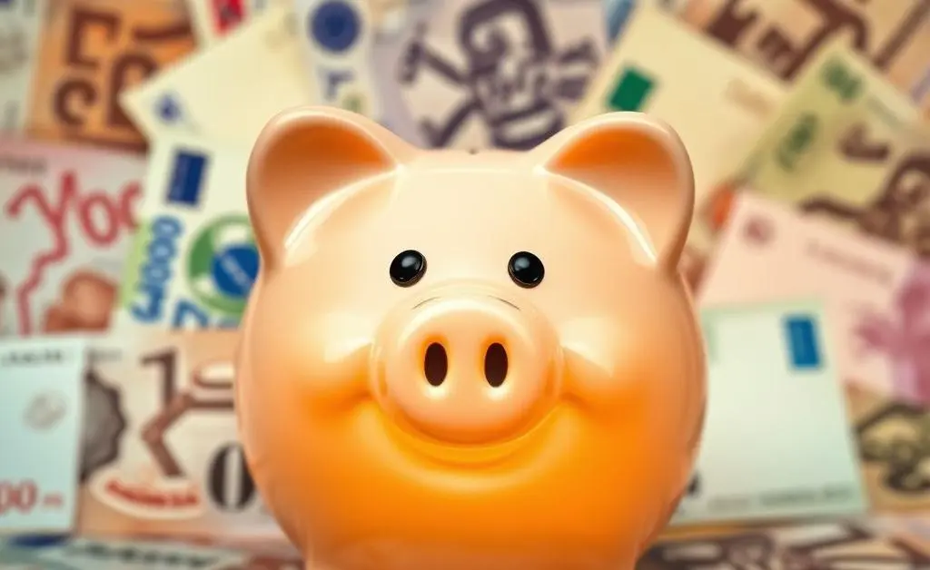 A piggy bank with a joyful expression against a backdrop of various currency notes.