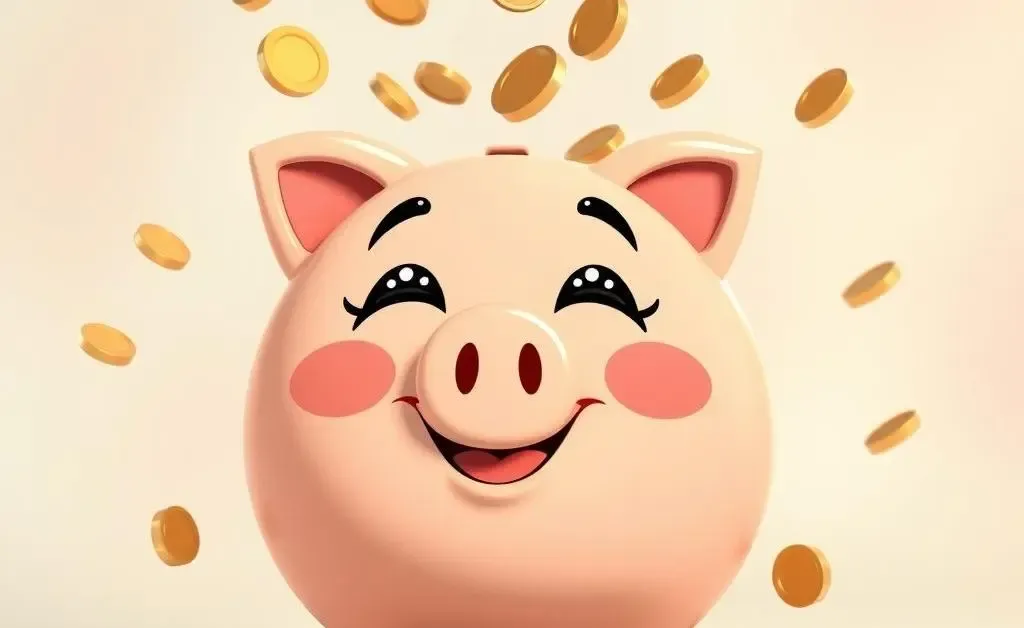 A smiling cartoon piggy bank with coins raining down around it.