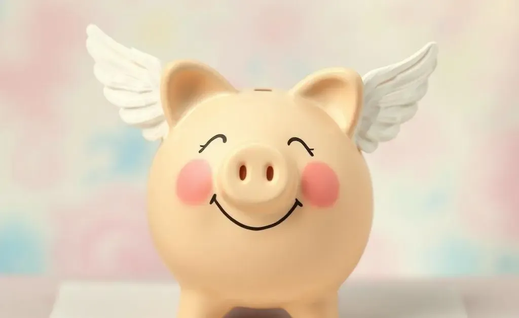 A smiling piggy bank with tiny wings flying over a goal list.
