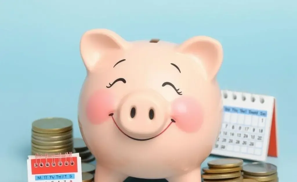 A smiling piggy bank surrounded by coins and a calendar.