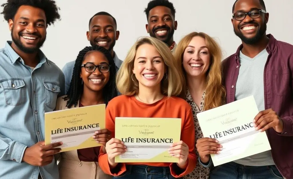 A group of diverse people holding their life insurance policies happily.