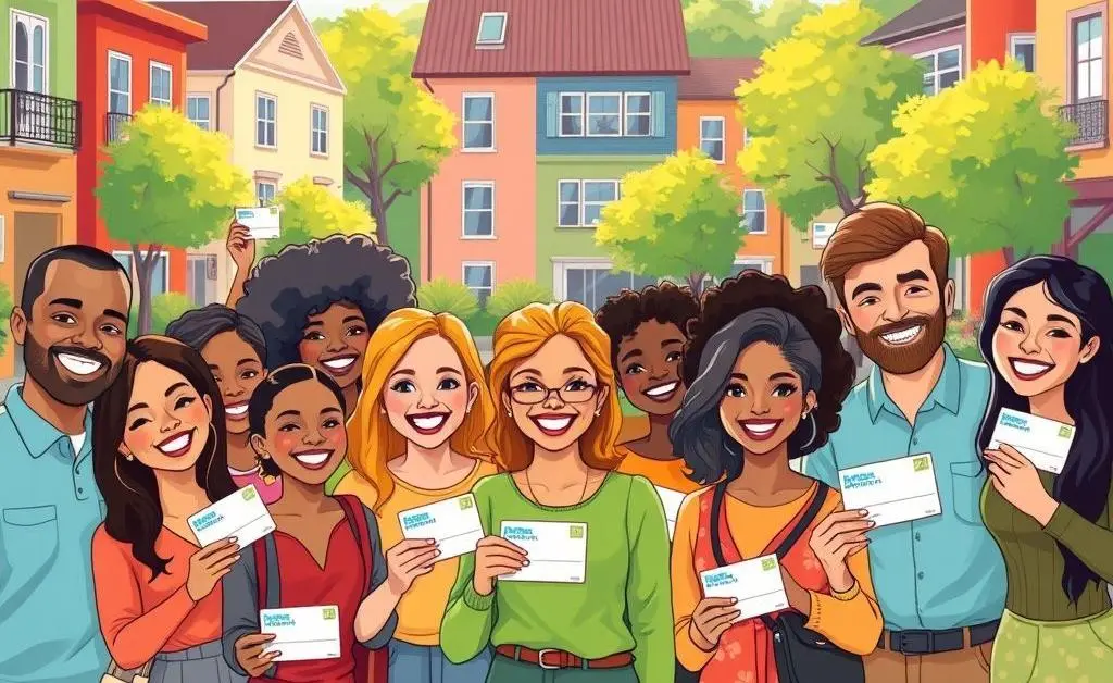 Illustration of a diverse group of happy people holding their insurance cards in a cheerful, community setting