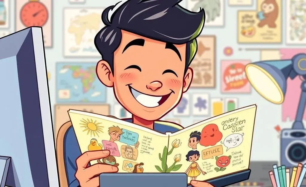 A cartoon-style person smiling while reviewing a portfolio on their computer.