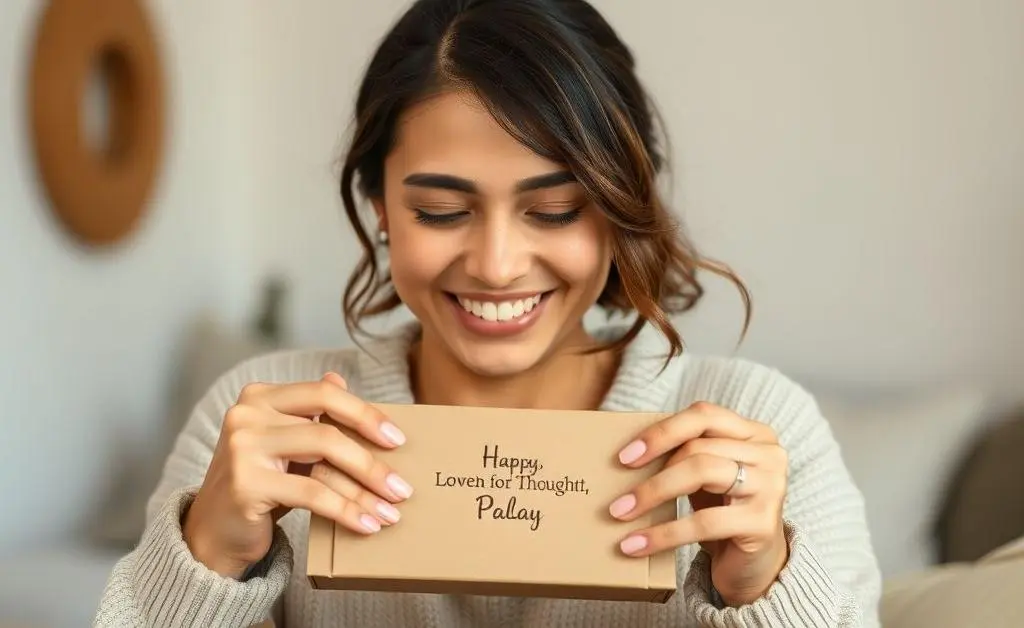 Person smiling while opening a package.
