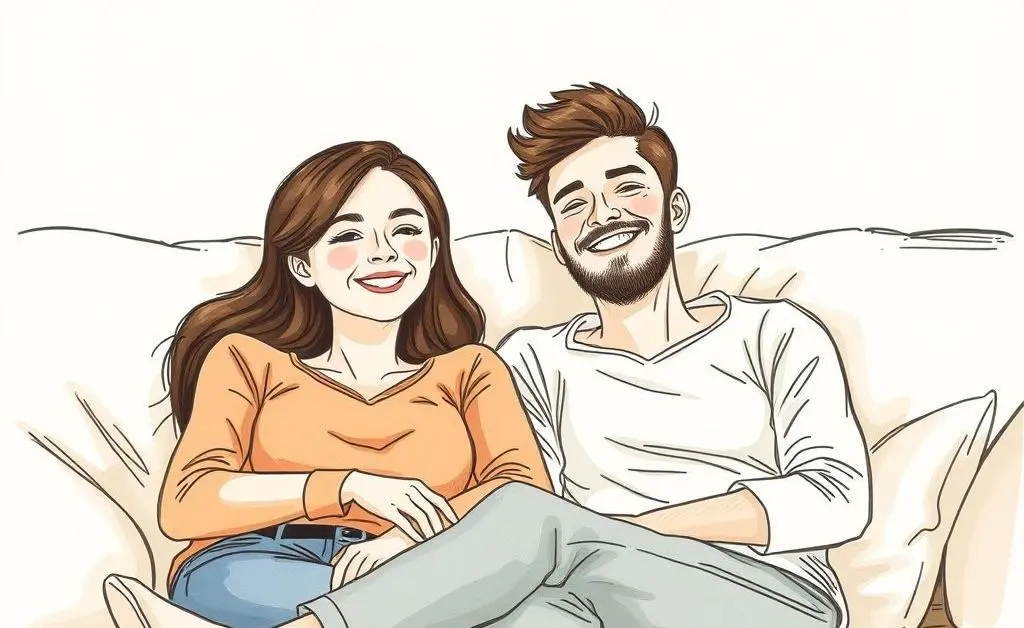 A couple relaxing on a couch, smiling and feeling relieved