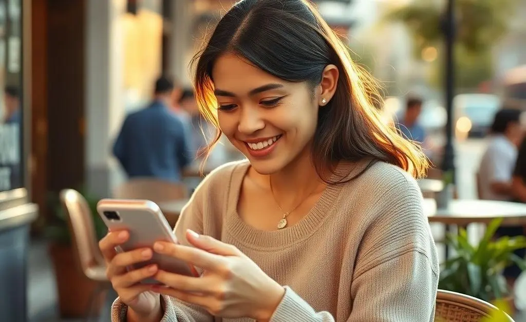 A relaxed, smiling young person at a cafe, checking a stock market app on their phone.