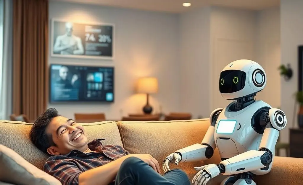 A happy landlord relaxing on a couch while a robot efficiently manages property tasks in the background.