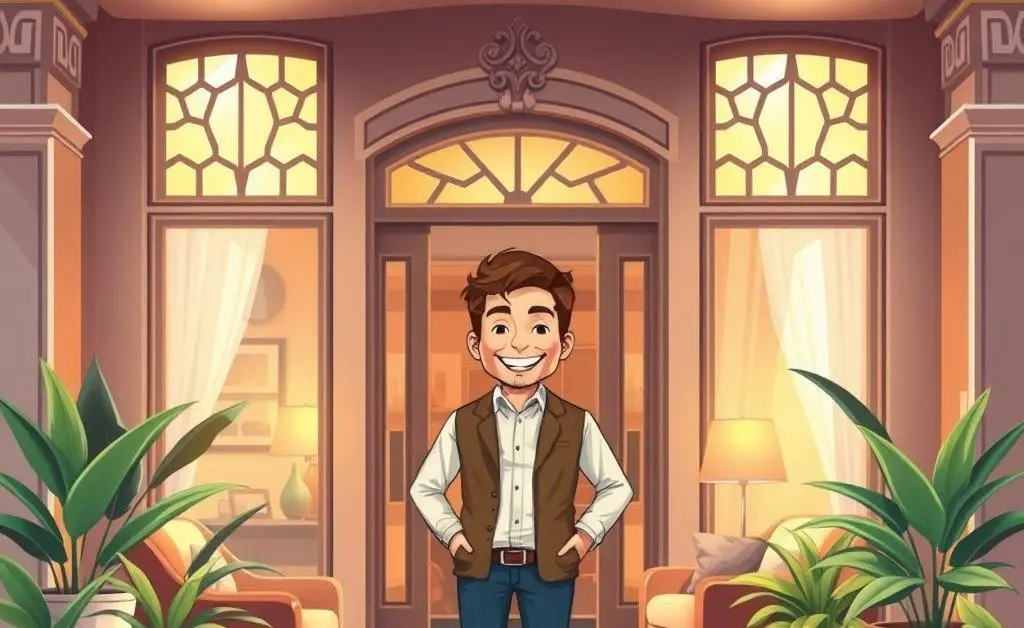 Smiling host welcoming renters into a well-decorated house