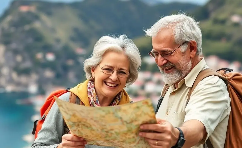 A happy, retired couple with backpacks, looking at a map.