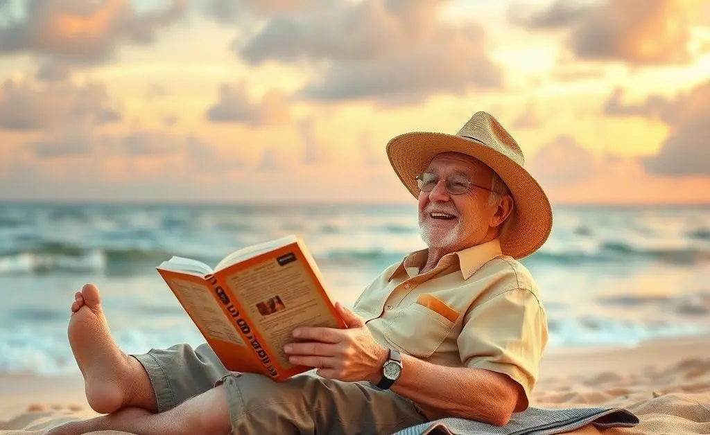 A cheerful retiree relaxing on a beach with a book