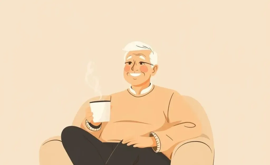 A minimalist depiction of a happy retiree enjoying coffee, symbolizing financial peace.