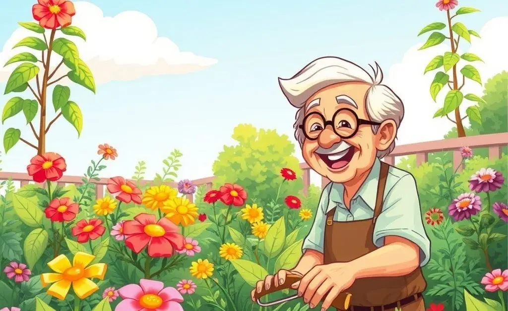 Cartoon of a retiree happily gardening.