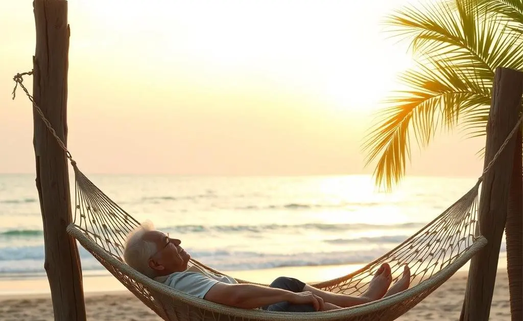 An elderly person enjoying a hammock by the beach after setting up a rollover.