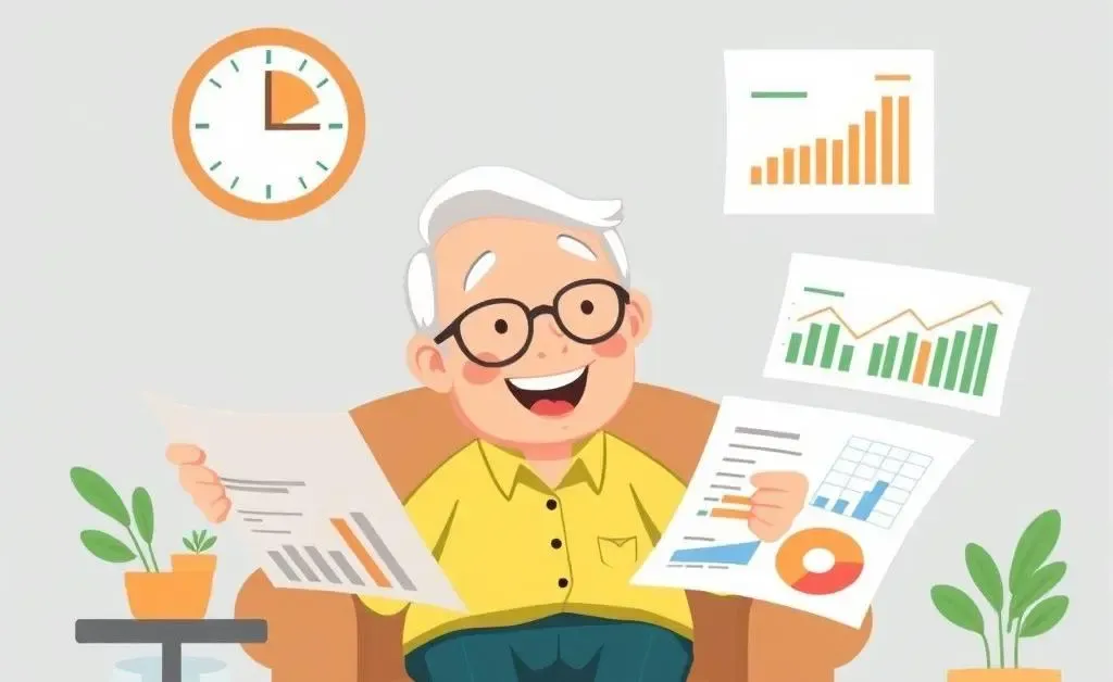 A retiree happily planning finances with charts and graphs