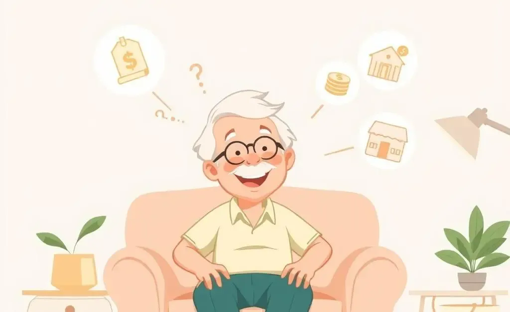 A minimalist cartoon of a happy retiree contemplating financial options