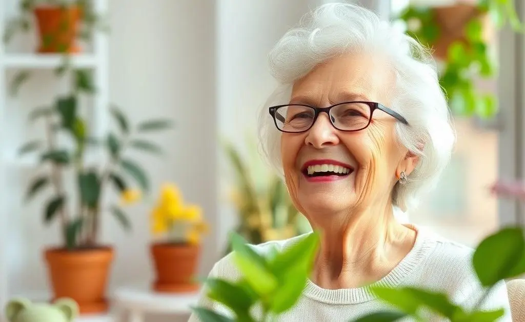 A joyful retiree in a bright room with potted plants and a satisfied smile