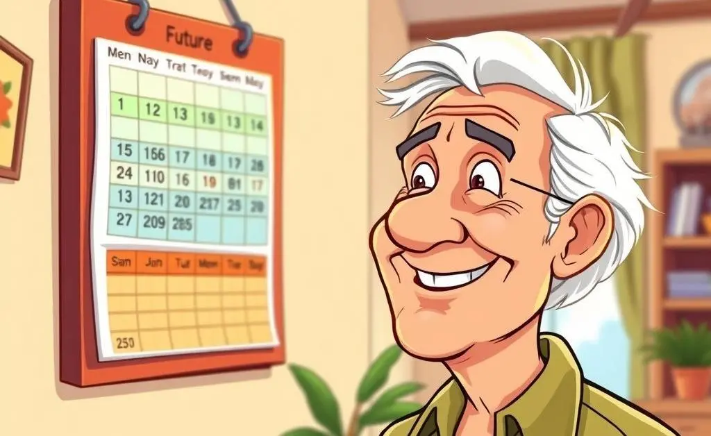 A happy retiree looking at a calendar showing future dates, cartoon style
