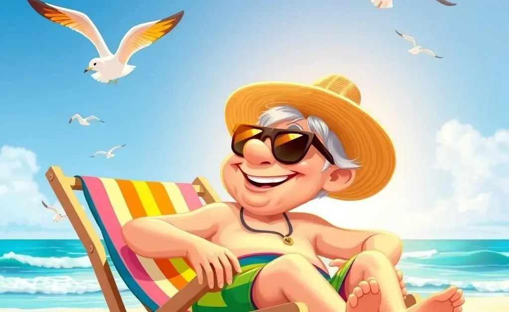 A cartoon retiree happily sitting on a beach chair.