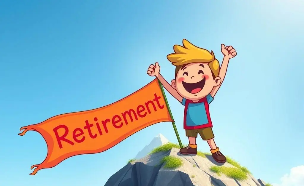 Cartoon character celebrating reaching retirement goal