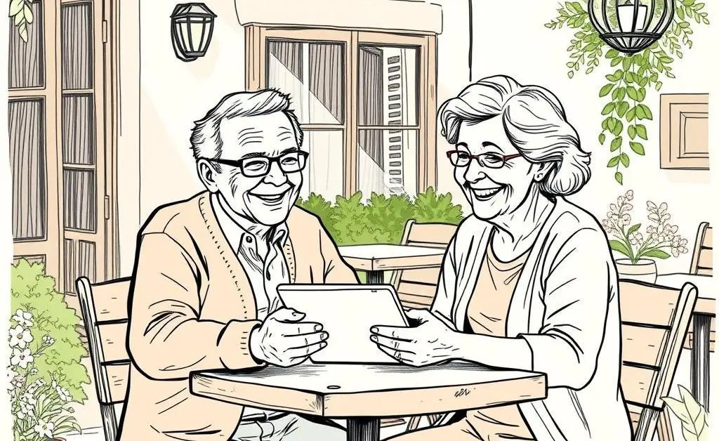 Hand-drawn image of a couple happily planning their retirement at a cafe with a tablet.