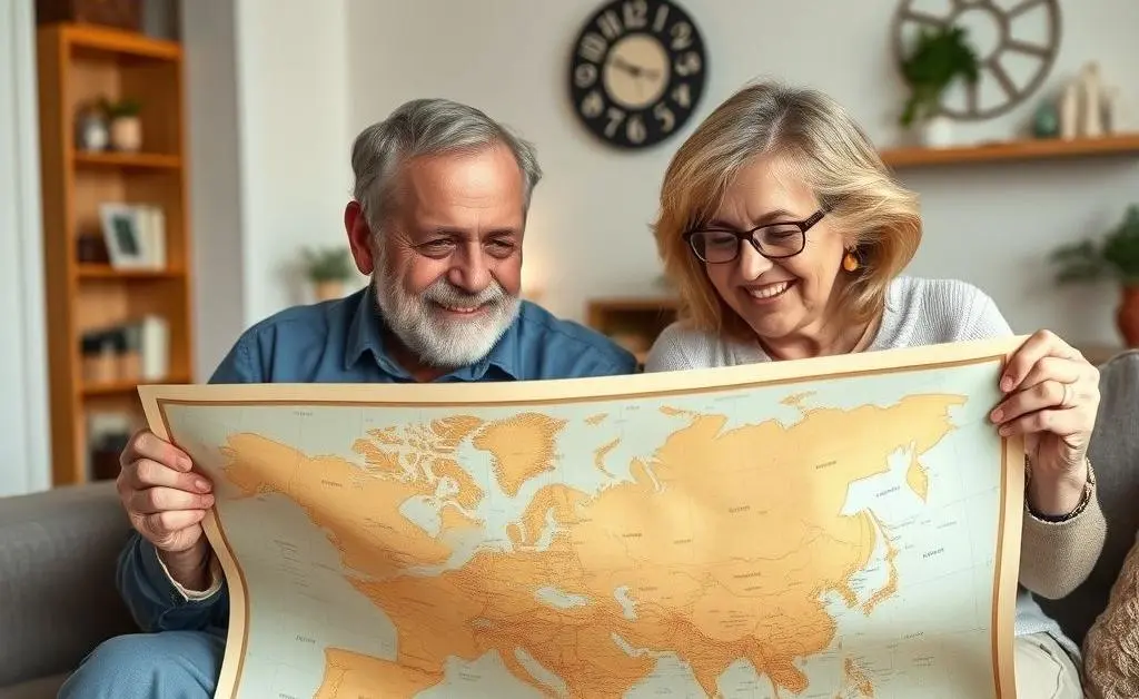 A happy couple planning their retirement with a map.