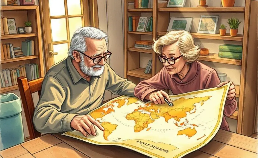 Illustration of a retired couple looking at a world map, planning their travels, representing freedom through financial independence.