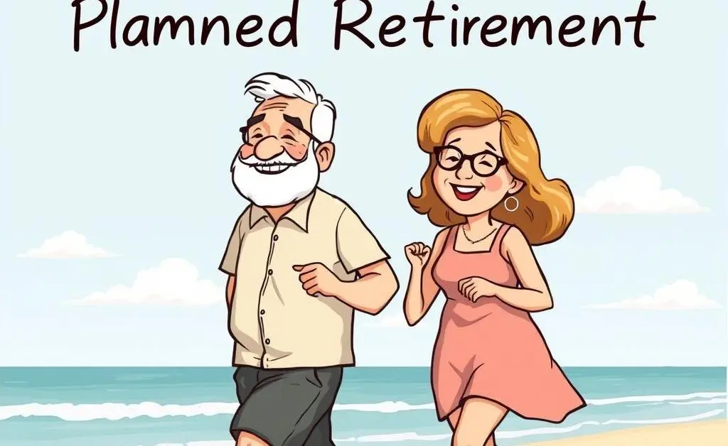 Happy retired couple enjoying a beach walk, symbolizing a planned retirement.