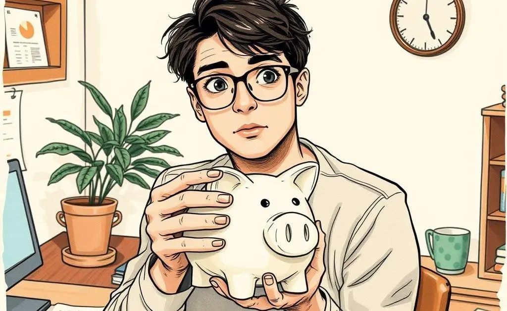 A person in their 30s holding a piggy bank, thinking about investing.