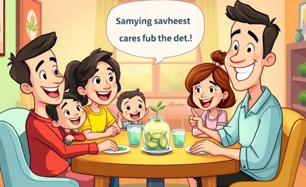 Cartoon-style family discussing savings goals at a table with a positive vibe.