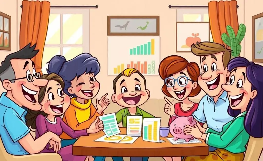 A group of cartoon-style characters happy and discussing their savings