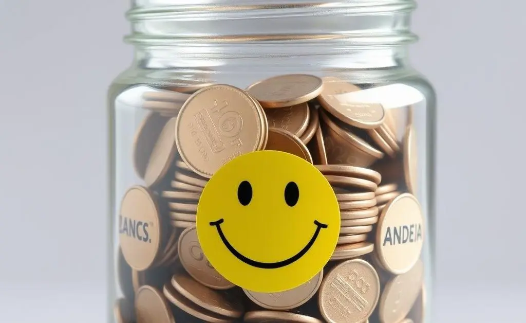 A jar filled with labeled coins smiling back at you