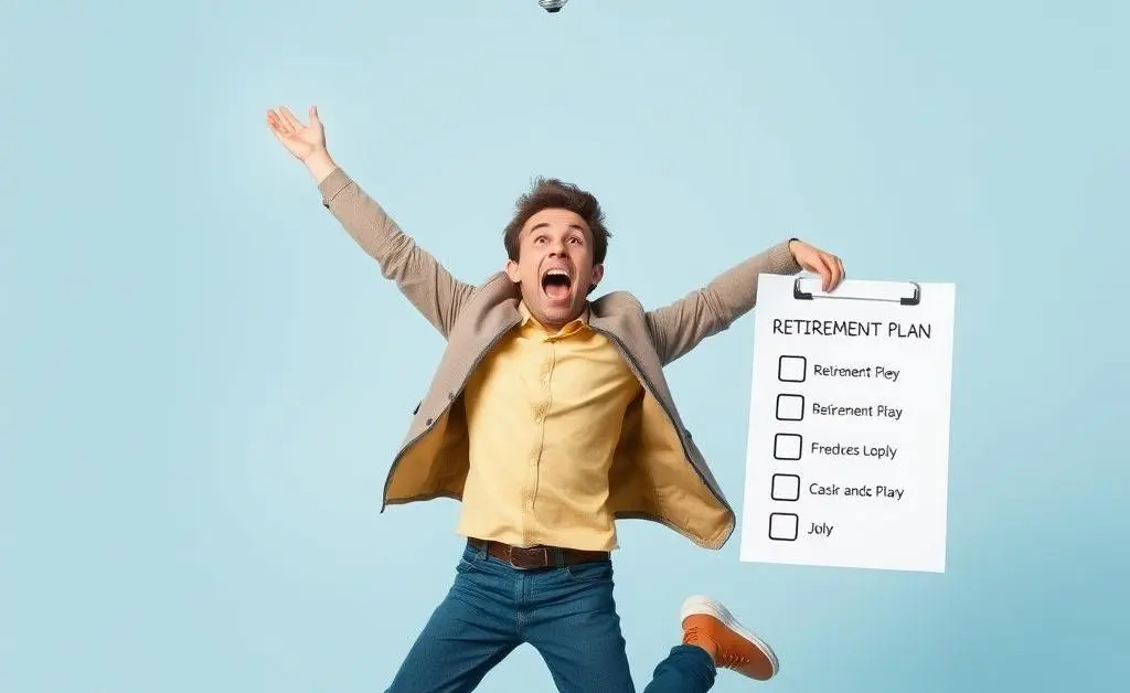 Excited person with light bulb holding a checklist labeled 'Retirement Plan'