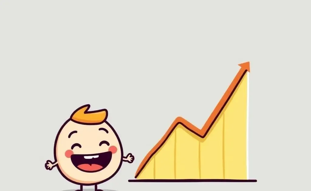 Minimalist cartoon image showing a happy character next to an upward trending savings graph.