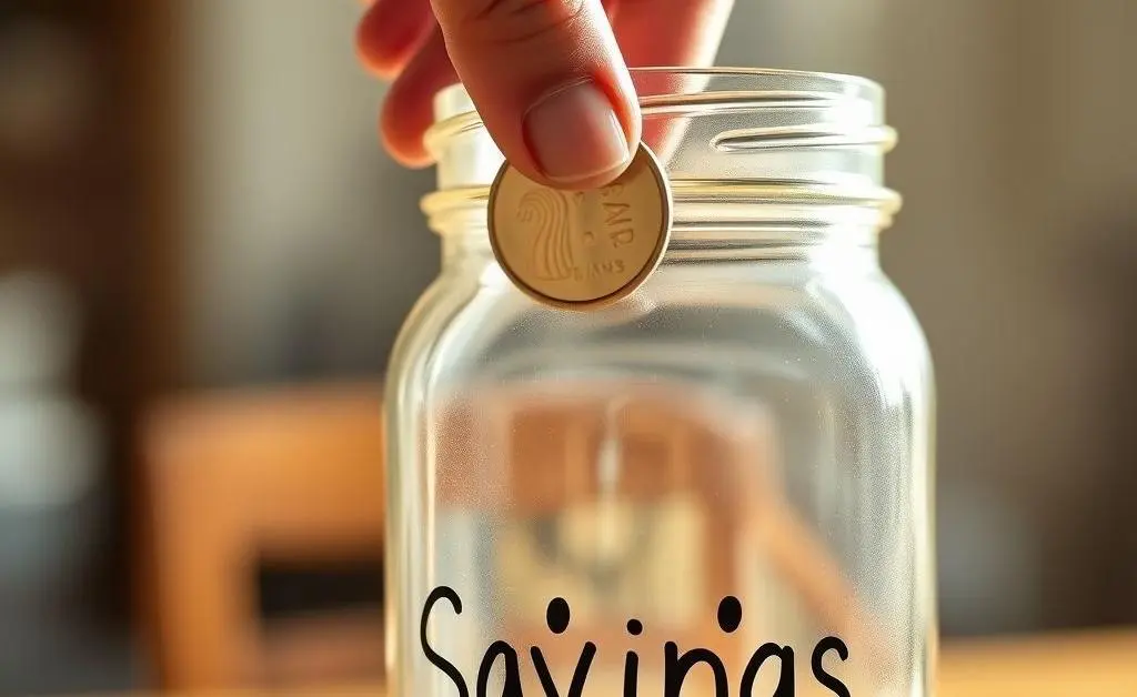 A hand putting a coin into a jar labeled 'Savings,' with a smiling face drawn on the jar.