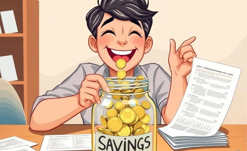 Illustration of a joyful person depositing coins into a jar labeled 'Savings', surrounded by tax notes.